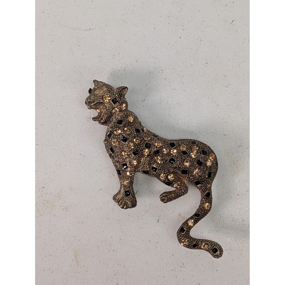 Tasha Leopard Brooch Gold Tone Champagne Rhinestone Black Animal Statement Pin - Picture 2 of 5
